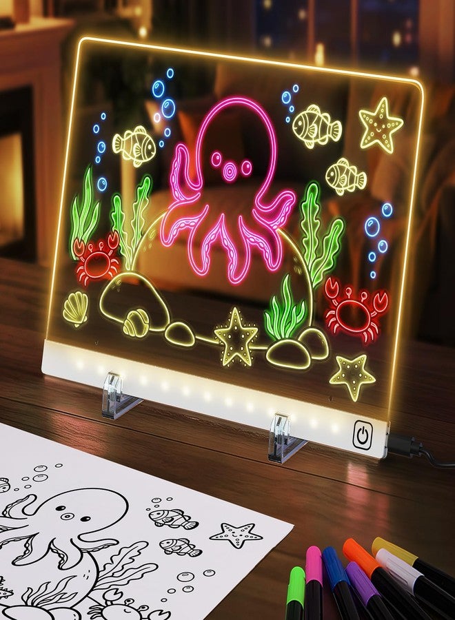 لوحة رسم LED بسبعة ألوان - لوحة ملاحظات LED أكريليك مع 7 أقلام، حامل، قالب رسم، لوحة رسائل مضيئة قابلة للمسح الجاف للغرفة/المكتب/العمل، هدية مثالية للأطفال في الأعياد (7.9 × 11.8 بوصة) - سلكية - Image 1